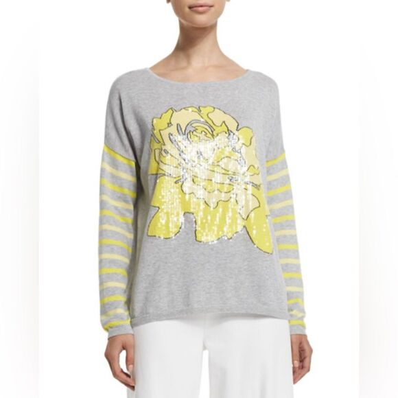 Joan Vass Rose Striped Cotton Sweater Grey Yellow Women’s Size 2X - Picture 10 of 10